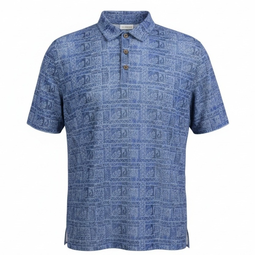 Crazy Shirts Hawaiian Polo Mens Medium Blue Tropical Block Print Cotton‎ Shirt